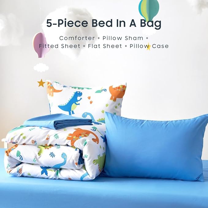 Wake In Cloud - Dinosaur Bedding Set for Boys, Cute Colorful Dinosaur Comforter Set with Sheets, 5 Pieces Kids Bed in a Bag, White Blue, Twin Size - LeafyLoom