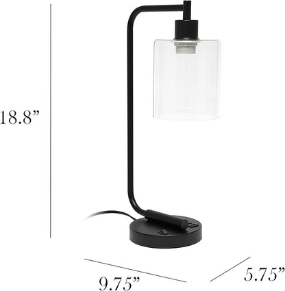 Simple Designs LD1066-BLK-LB Industrial Vintage Bronson Iron Lantern Desk Table Lamp with USB Port and Glass Cylinder Shade for Office, Living Room, Bedroom, Black, with Feit LED Bulb Included - LeafyLoom