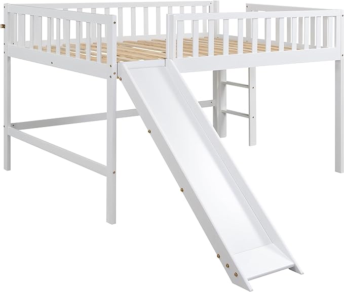 Merax Full Size Junior Wood Loft Bed with Slide Loft Bunk Bed for Girls Boys,Easy Assemble,White - LeafyLoom