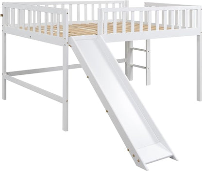 Merax Full Size Junior Wood Loft Bed with Slide Loft Bunk Bed for Girls Boys,Easy Assemble,White - LeafyLoom