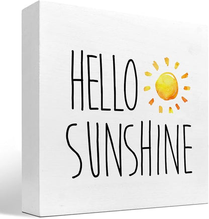 Hello Sunshine Wood Box Sign Decor Desk Sign,Farmhouse Rustic Summer Sunshine Wooden Box Block Sign for Home Office Shelf Table Decor Decorations - LeafyLoom