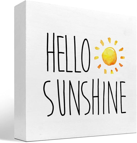 Hello Sunshine Wood Box Sign Decor Desk Sign,Farmhouse Rustic Summer Sunshine Wooden Box Block Sign for Home Office Shelf Table Decor Decorations - LeafyLoom