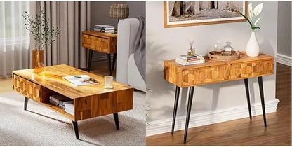 Bme Solid Wood Coffee Table with Storage Drawers & Console Table with Geometric Details, 2 Drawers Each, Brown - LeafyLoom