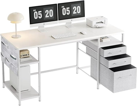 Ｍａｉｈａｉｌ Home Office Desk with Drawers and Adjustable Shelves, 59 inch Long Writing Desk with File Cabinet, Large Computer Desk with Storage, Vintage, White - LeafyLoom