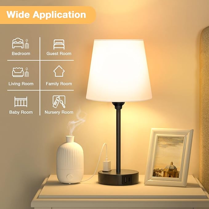 White Bedside Lamps for bedrooms Set of 2 - Nightstand Bedroom Lamp with USB C Port and AC Outlet Charging, 3 Way Dimmable Touch Control Small White Bed Side Table Lamp, Nightstand Light for Kids - LeafyLoom