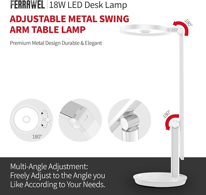 LED Desk Lamp for Home Office - Natural Eye-Caring Table Light, Adjustable Metal Swing Arm with 18W Dimmable Bright Reading Task Lampara Memory Function White - LeafyLoom