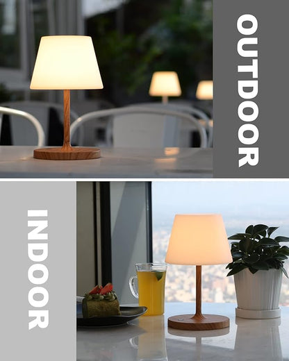 Outdoor Battery Operated Table Lamp Waterproof, 4000mAh Cordless Rechargeable, Touch Dimmable Desk Lamp, LED Night Light for Patio Camping Restaurant Home, H9.6in, Wood Grain - LeafyLoom