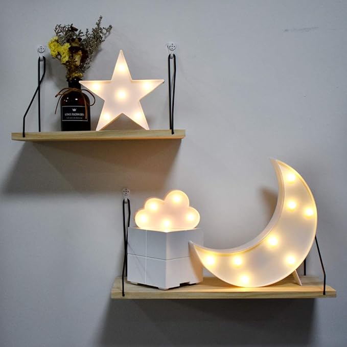 GUOCHENG Lovely White Moon Star Cloud Light Set Battery Operated LED Marquee Light Sign Warm White Bedside Lamps for Kids Children Bedroom Nursery, Baby Standing Night Light - LeafyLoom