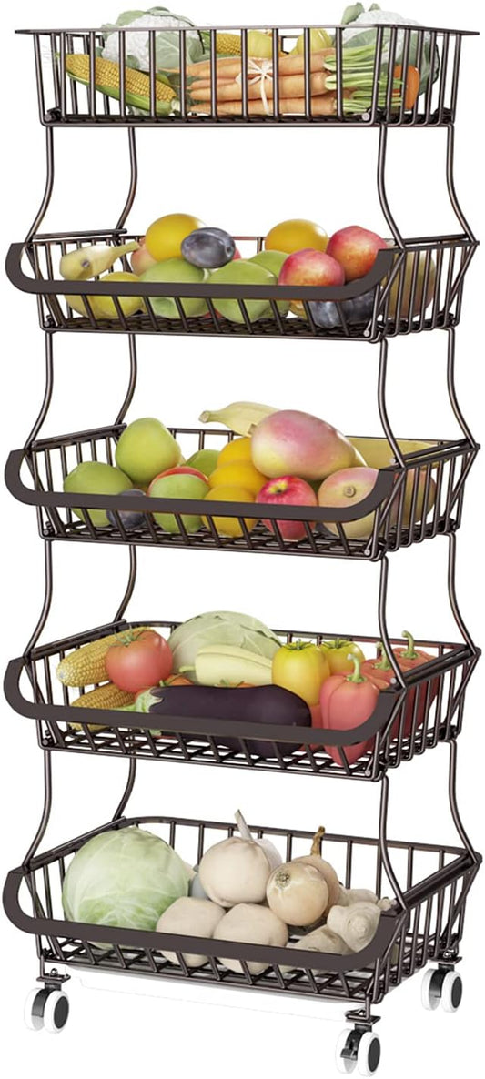 Wisdom Star 5 Tier Fruit Vegetable Basket for Kitchen, Storage Cart, Bins for Onions and Potatoes, Wire Storage Basket Organizer Utility Cart with Wheels,Bronze - LeafyLoom