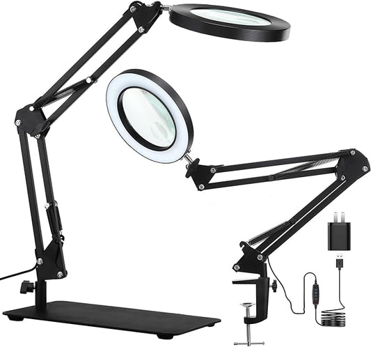 5X & 10X Magnifying Glass with Light and Stand, KIRKAS 2-in-1 Stepless Dimmable and 3 Color Modes LED Magnifying Desk Lamp, 10X Ultra-high Magnification Glass Lens for Precision Machinery Repair-Black - LeafyLoom