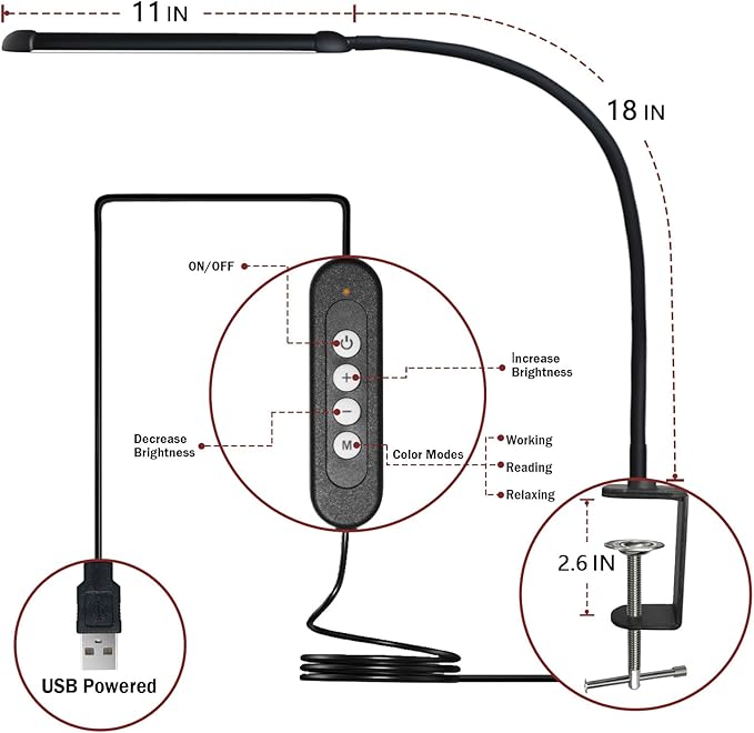 LED Desk Lamp with Clamp, Clamp Light with Adjustable Color Modes,Clip on Light with Long Flexible Gooseneck, Eye-Care Lamp Clamp for Study, Work, Home, Office, (Black, 12W) - LeafyLoom