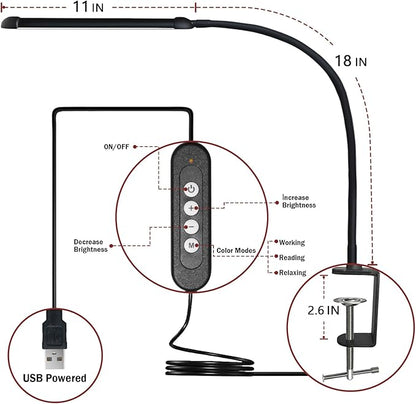 LED Desk Lamp with Clamp, Clamp Light with Adjustable Color Modes,Clip on Light with Long Flexible Gooseneck, Eye-Care Lamp Clamp for Study, Work, Home, Office, (Black, 12W) - LeafyLoom