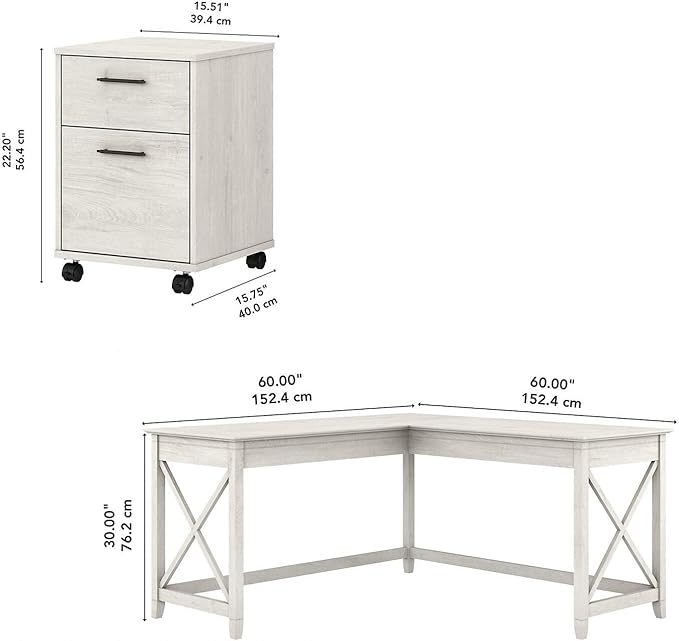 Bush Furniture Key West 60W L Shaped Desk with 2 Drawer Mobile File Cabinet in Linen White Oak - LeafyLoom