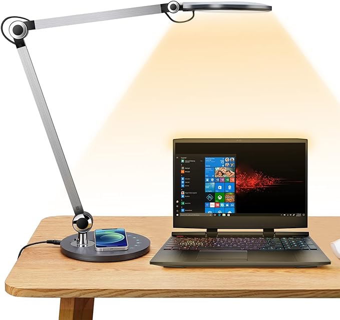 Desk Lamp,Led Architect Desk Lamp,Desk Lamps for Home Office,Table lamp with Wireless Charger & Adjustable Swing Arm,Touch Control, 3 Lighting Mode,5 Brightness,Eye-Caring Office Lamp - LeafyLoom