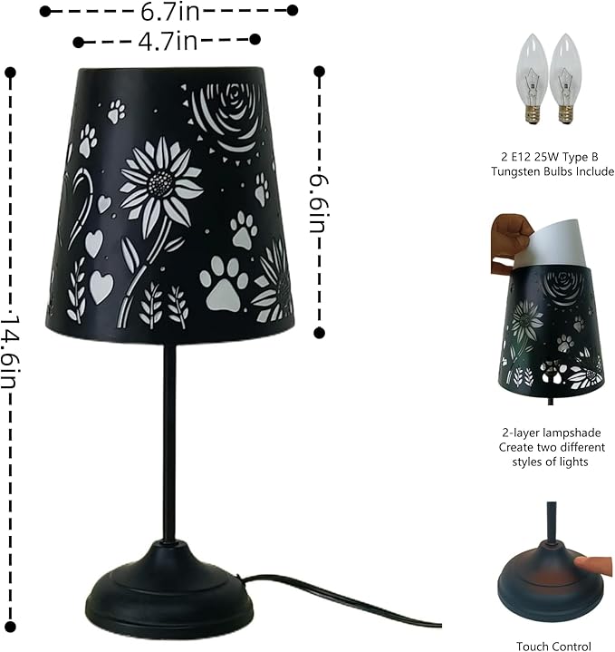 Touch Mini Table Lamp, Dimmable Touch Bedside Lamp, Black Metal Cutout Lampshade, Decoration Desk Lamp - LeafyLoom