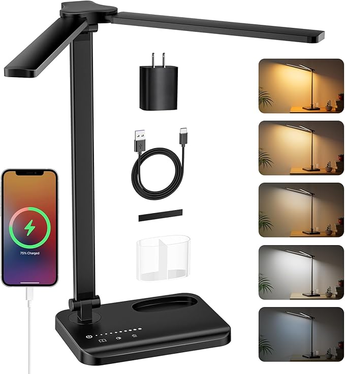 RealPlus Desk Lamp with USB Charging Port & 【Adapter】, 17IN Tall LED Desk Lamps for Home Office, 10W Double Head Desk Lamp with Pen Holder, Memory Function/10 Brightness/5 Colors/Reading Mode/Timer - LeafyLoom