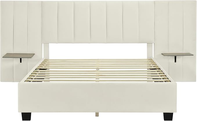 Queen Upholstered Platform Bed Frame with Extended Headboard and and Two Shelves, Velvet Bed, No Box Spring Needed, Beige - LeafyLoom