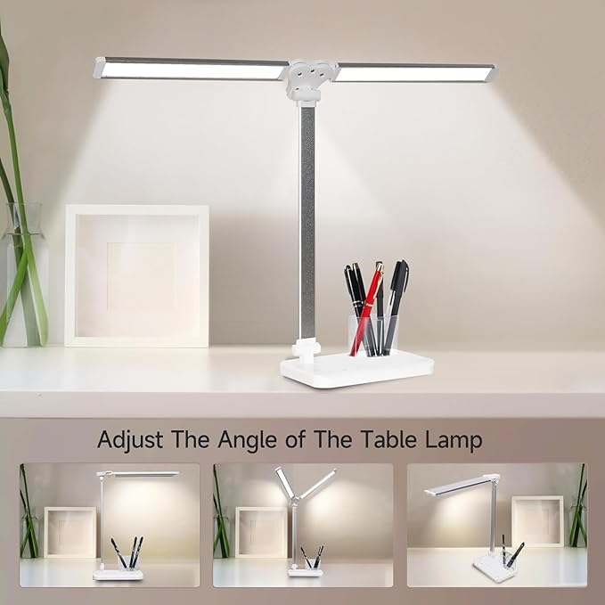 LED Desk Lamp for Home Office - Dual Swing Arm Desk Light with USB Charging Port,Eye-Caring Foldable 5 Color Modes 10 Brightness Levels Dimmable Desk Lamp for College Dorm Room (Silver) - LeafyLoom