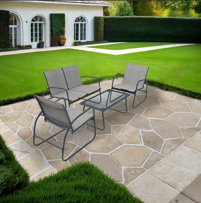 Mapleleaf 4 Pieces Rattan Patio Furniture Set, Outdoor Wicker Conversation Sofa Set, Rattan Chair and Glass Coffee Table for Yard, Pool or Backyard (Grey) - LeafyLoom