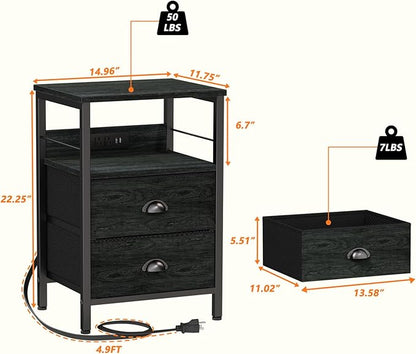 Furologee Nightstand Set of 2, Black Oak, with Charging Station and USB Ports, Side Tables with 2 Fabric Drawers, Bedside Tables with Storage Shelf & Hooks, for Living Room/Bedroom - LeafyLoom