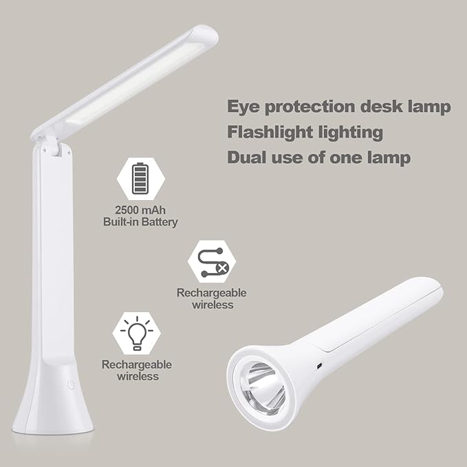 Rechargeable Desk Lamp, Foldable Portable Battery Operated Desk Lamp for Home Office, 2500mAh Cordless LED Desk Lamp with Flashlight Function, Eye Protection Study Lamp (White) - LeafyLoom