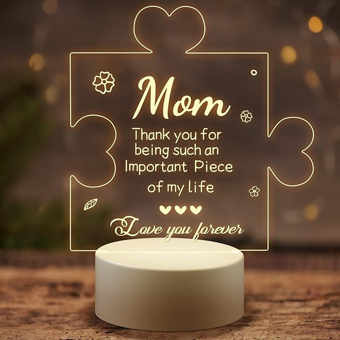 Puzzle Night Light Gift for Mom, Mother's Day Gifts from Daughter and Son Night Lamp with Plastic Base, Mom Gifts On Anniversary Christmas Day for Mom - LeafyLoom