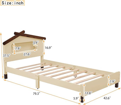 Bellemave Twin Size Platform Bed with House-Shaped Headboard and Motion Activated Night Lights,Wood Twin Kids Bed Frame for Teens, Girls,Boys(Twin,Cream) - LeafyLoom