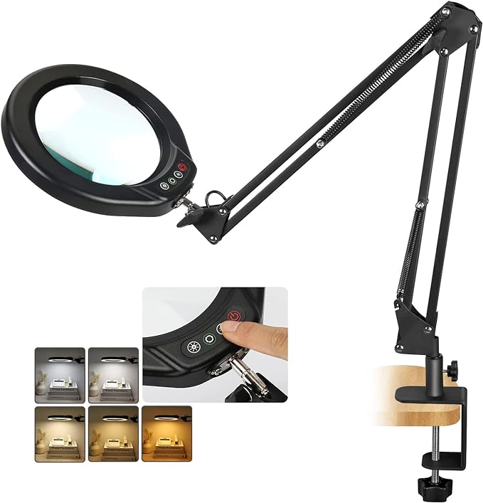 VEEMAGNI 5 Inch Large Magnifying Glass with Light and Stand, 5 Color Modes Stepless Dimmable, Long Swivel Arm LED Clamp Desk Lamp, Hands Free 8X Lighted Magnifier for Close Work Craft Hobby Soldering - LeafyLoom