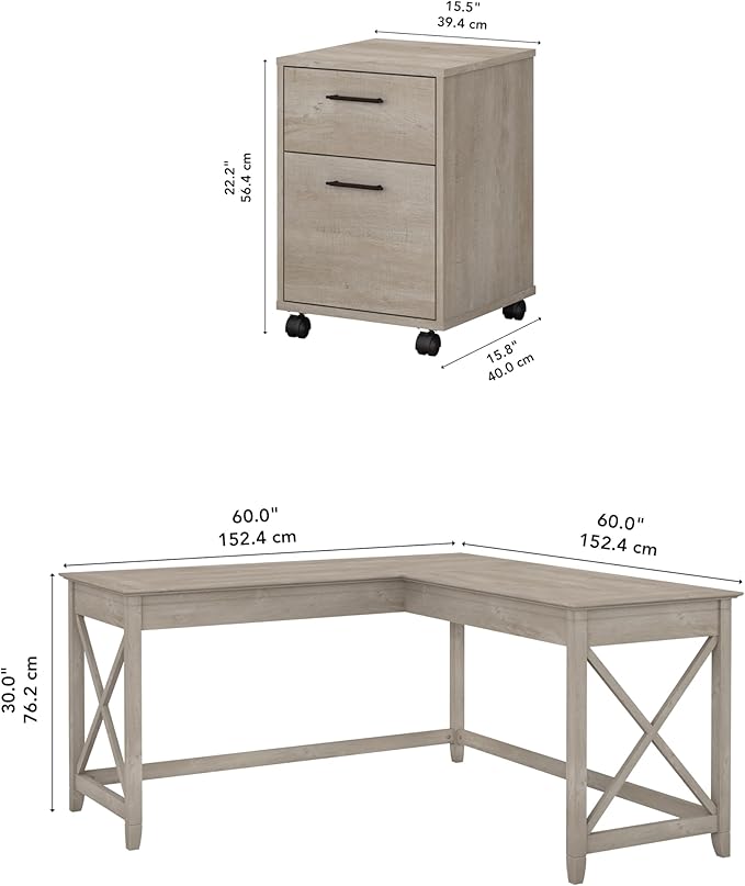 Bush Furniture Key West 60W L Shaped Desk with 2 Drawer Mobile File Cabinet in Washed Gray - LeafyLoom