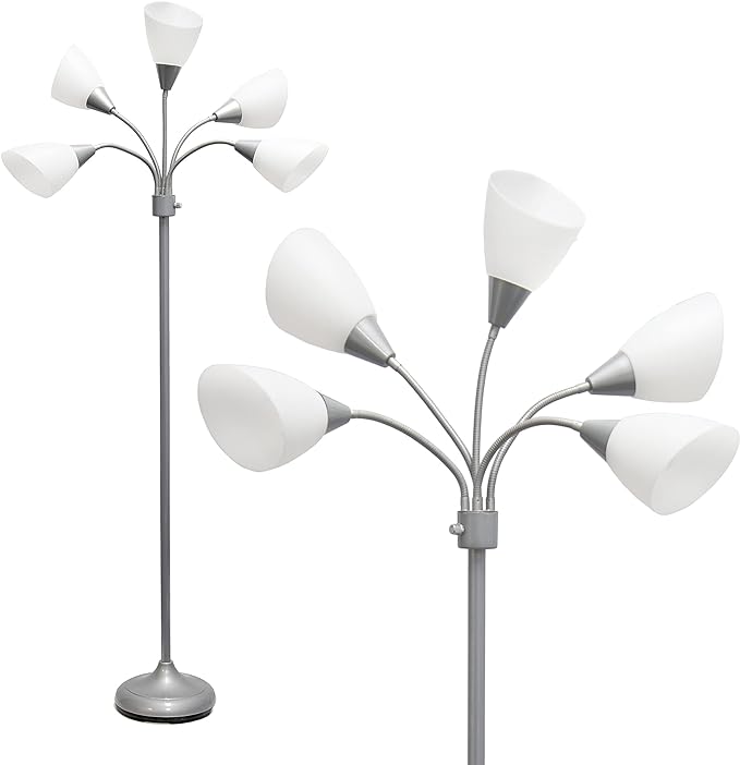 Simple Designs LF2006-SVW 67" Contemporary Multi Head Medusa 5 Light Adjustable Gooseneck Silver Floor Lamp with White Shades for Kids Bedroom Playroom Living Room Office - LeafyLoom