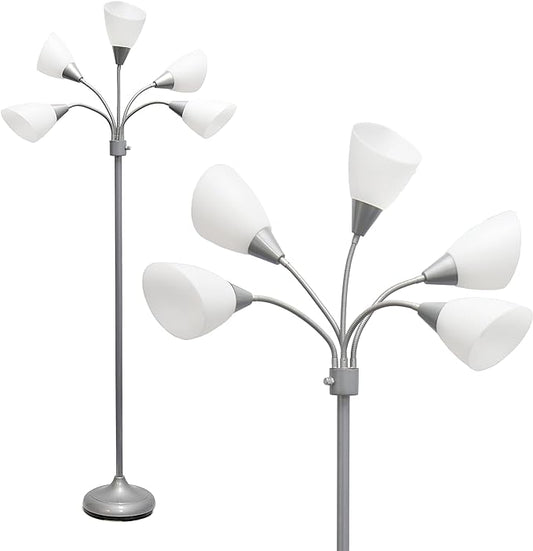 Simple Designs LF2006-SVW 67" Contemporary Multi Head Medusa 5 Light Adjustable Gooseneck Silver Floor Lamp with White Shades for Kids Bedroom Playroom Living Room Office - LeafyLoom