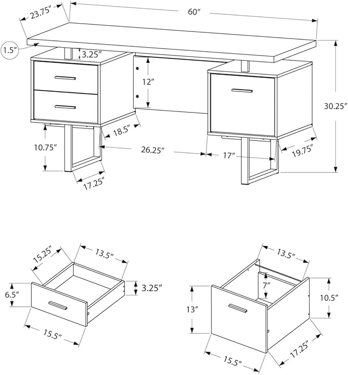 Monarch Specialties 7626 Computer Desk, Home Office, Laptop, Left, Right Set-up, Storage Drawers, Work, Metal, Laminate, Brown, Contemporary Desk-60 L Cherry Black, 60" L x 23.75" W x 30.25" H - LeafyLoom