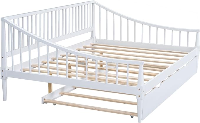 Full Size Daybed with Hideaway Trundle and Support Legs,Multi-functional Wood Bed Frame,W/Rails Three Sides,Easy to Assemble,for Bedroom,Living Room,Apartment,White - LeafyLoom