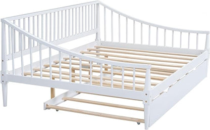 Full Size Daybed with Hideaway Trundle and Support Legs,Multi-functional Wood Bed Frame,W/Rails Three Sides,Easy to Assemble,for Bedroom,Living Room,Apartment,White - LeafyLoom