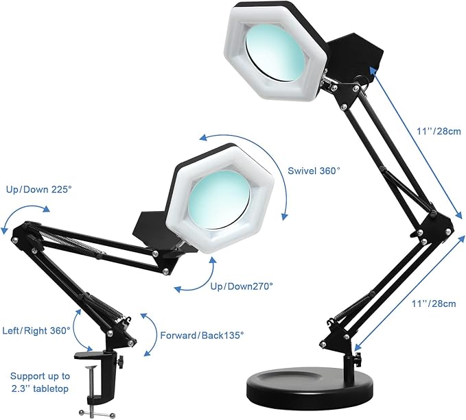 Magnifying Glass with Light and Stand, Dimmable LED Magnifier Desk Lamp with Clamp, 3 Color Modes, Hands Free Magnifying Lights for Close Work, Repair, Swing Arm Magnifying Work Light with Base - LeafyLoom