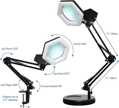 Magnifying Glass with Light and Stand, Dimmable LED Magnifier Desk Lamp with Clamp, 3 Color Modes, Hands Free Magnifying Lights for Close Work, Repair, Swing Arm Magnifying Work Light with Base - LeafyLoom