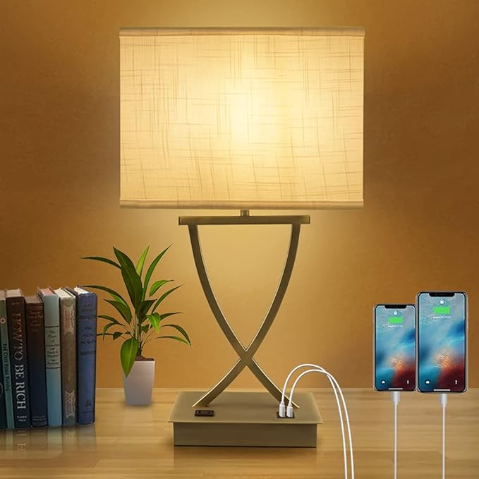 3-Way Dimmable Touch Control Medium Table Lamp with Type C/USB Charging Port and 1 AC Outlet White Shade 21.38" Bedside Nightstand Lamp for Bedroom Living Room Office and Hotel Bulb Included - LeafyLoom