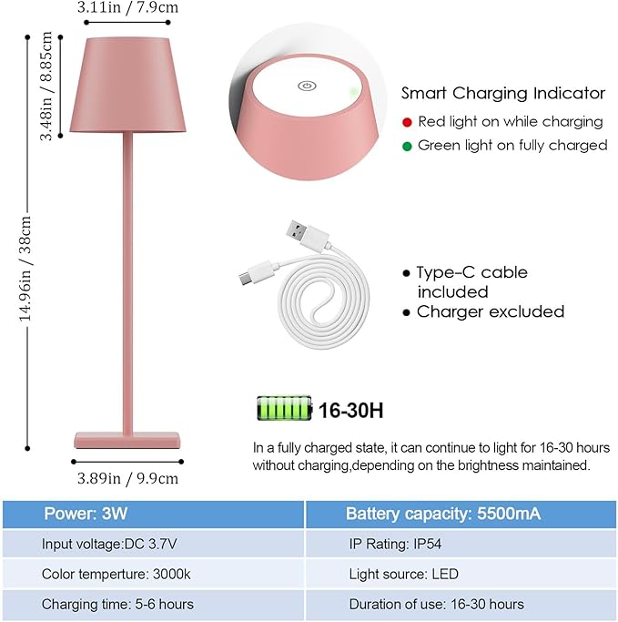 2-Pack LED Cordless Table Lamp, Rechargeable Battery Desk lamp 3W 5500mAh Battery Operated Stepless Dimming Modern Portable Table Light for Restaurant/Bedroom/Outdoor IP54 Waterproof (Pink) - LeafyLoom