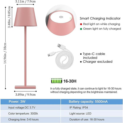 2-Pack LED Cordless Table Lamp, Rechargeable Battery Desk lamp 3W 5500mAh Battery Operated Stepless Dimming Modern Portable Table Light for Restaurant/Bedroom/Outdoor IP54 Waterproof (Pink) - LeafyLoom