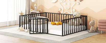 RITSU Queen Size Metal Floor Fence Bed, Montessori Bedframe, with Safety Guardrail and Door, for Children Bedroom, Boys Girls, Apartment, Strong & Durable, Easy to Assemble, Black - LeafyLoom