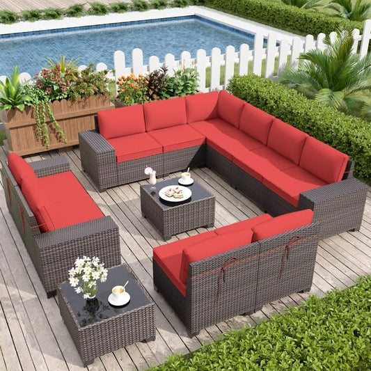 Patio Furniture Set Sofa 12-Pieces Wicker Sectional Sofa Set, Outdoor Furniture Rattan Patio Conversation Set with Thickened Cushions and Glass Coffee Tables, Red - LeafyLoom