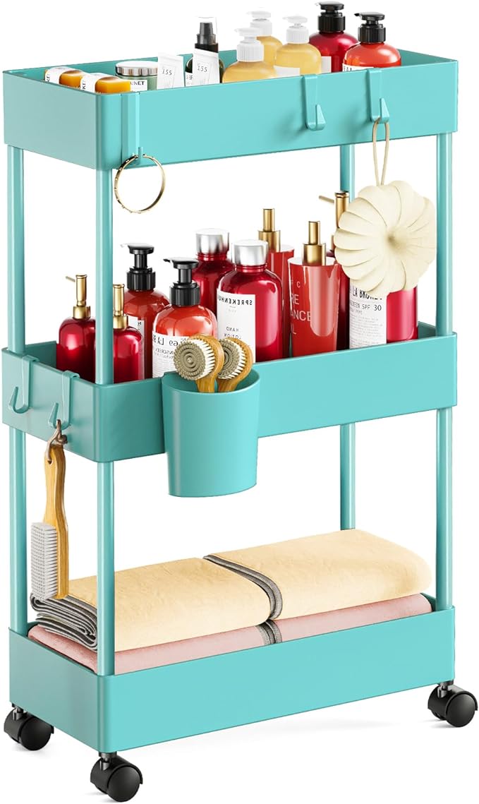 Pipishell Slim Storage Cart with Wheels, Bathroom Cart Organizer Bathroom Storage Small, Rolling Cart for Bathroom, Laundry Room, Kitchen, Narrow Space, Turquoise PIUC04TB - LeafyLoom