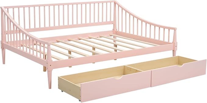 Full Size Daybed with Two Drawers,Solid Wood Storage Bed Frame W/Wooden Slat Support,Guide Rail Design on Three Sides,Easy to Assemble,for Bedroom Living Room,Pink - LeafyLoom