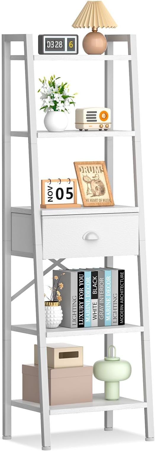 Furologee 5 Tier BookShelf, Ladder Shelf with Drawer, Tall Bookcase Corner Shelf, Narrow Shelf Industrial Display Standing Units for Home Office, Living Room, Bedroom, Kitchen, White - LeafyLoom