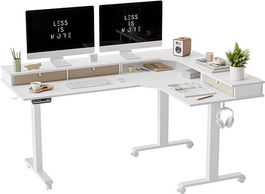 FEZIBO Triple Motor 63" L Shaped Standing Desk with 3 Drawers, Electric Standing Gaming Desk Adjustable Height, Corner Stand up Desk with Splice Board, White Frame/White Top - LeafyLoom