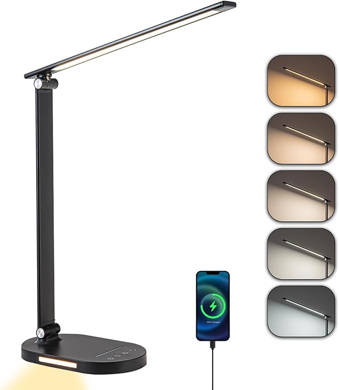 LED Desk Lamp for Home Office, Dimmable Table Lamp with USB Charging Port, 5 Lighting Modes, Sensitive Control, 60 Minutes Auto-Off Timer, Eye-Caring Office Lamp(Black) - LeafyLoom