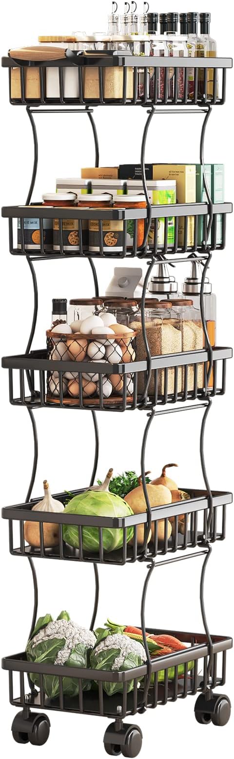 Wisdom Star 5 Tier Fruit Vegetable Basket for Kitchen, Fruit Vegetable Storage Cart, Vegetable Basket Bins, Wire Storage Basket Organizer Utility Cart with Wheels, Medium, Black - LeafyLoom