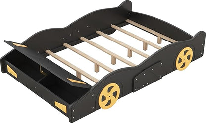 Full Size Race Car Bed Platform Bed with Wheels and Storage,Wood Bed Frame W/Wood Slats Support,for Kids Boys Girls Teens,Box Spring Not Required,Black+Yellow - LeafyLoom