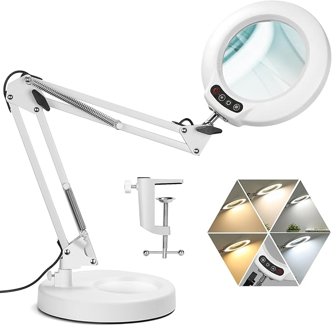 Veemagni 10X Magnifying Glass with Light, 5 Color Modes Stepless Dimmable 2-in-1 Desk Lamp and Clamp, LED Lighted Magnifier with Light and Stand, Hands Free for Craft Hobby Painting Close Work - White - LeafyLoom