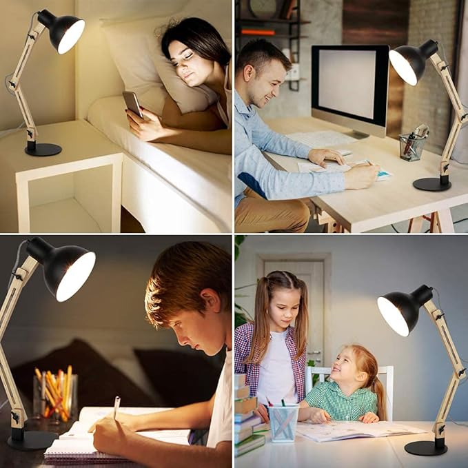 DLLT Swing Arm Desk Lamp, Wood Adjustable Gooseneck Table Lamp, Modern Architect Desk Light, Reading Light for Work, Study, Bedroom, Home Office, College Dorm, Black Metal Shade, E26 Bulb Included - LeafyLoom